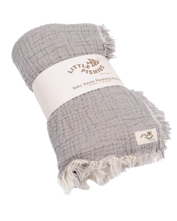 Little Fishies Gauze Receiving Blanket - Grey | Sand Cloud