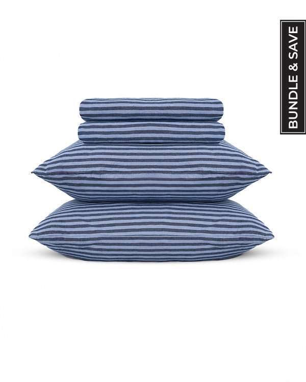 Classic Micro Twill Stripe Melange Sheet Set Indigo | Sand Cloud